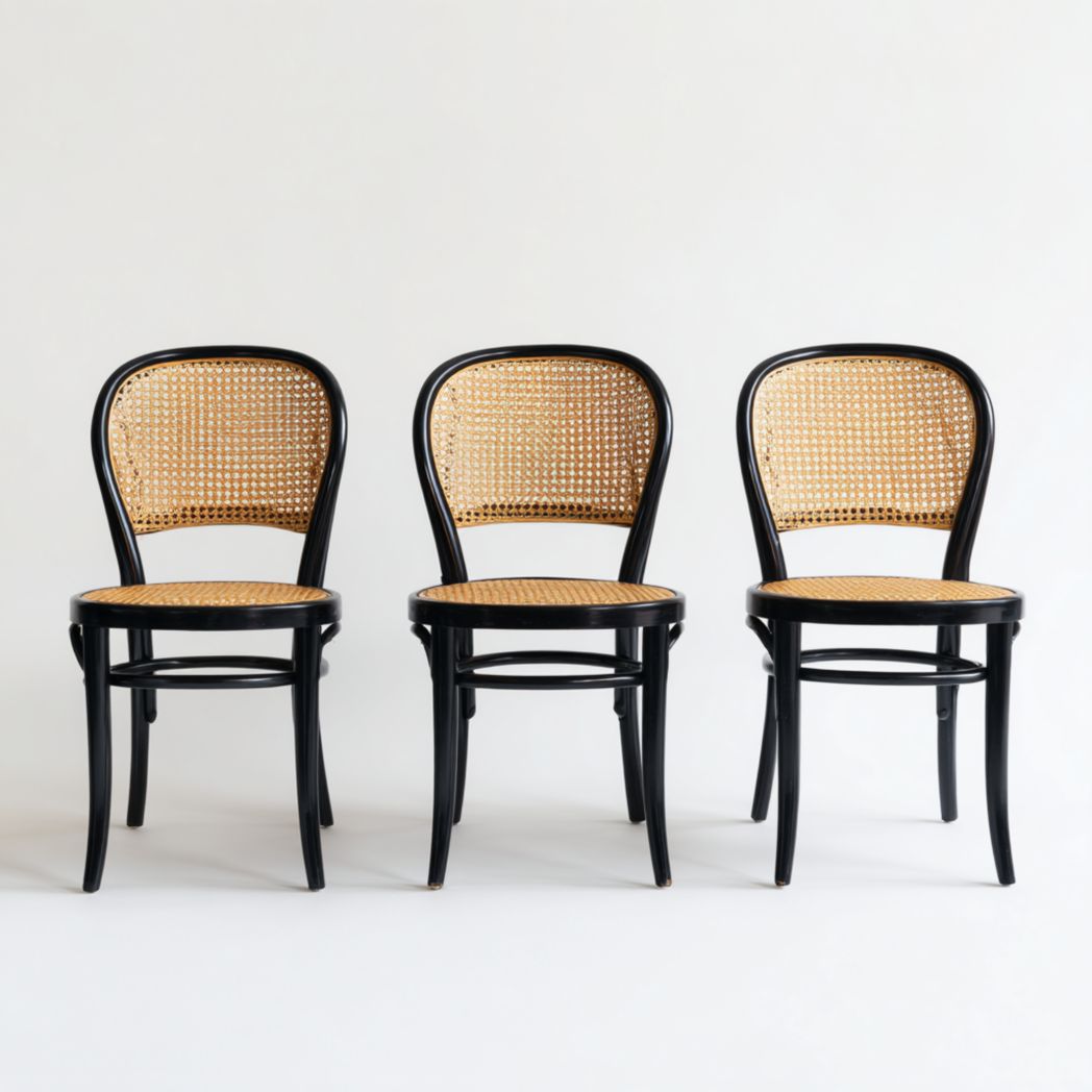 Chaises bistrot lot de trois bois noir assise et dossier cannage sans coussin