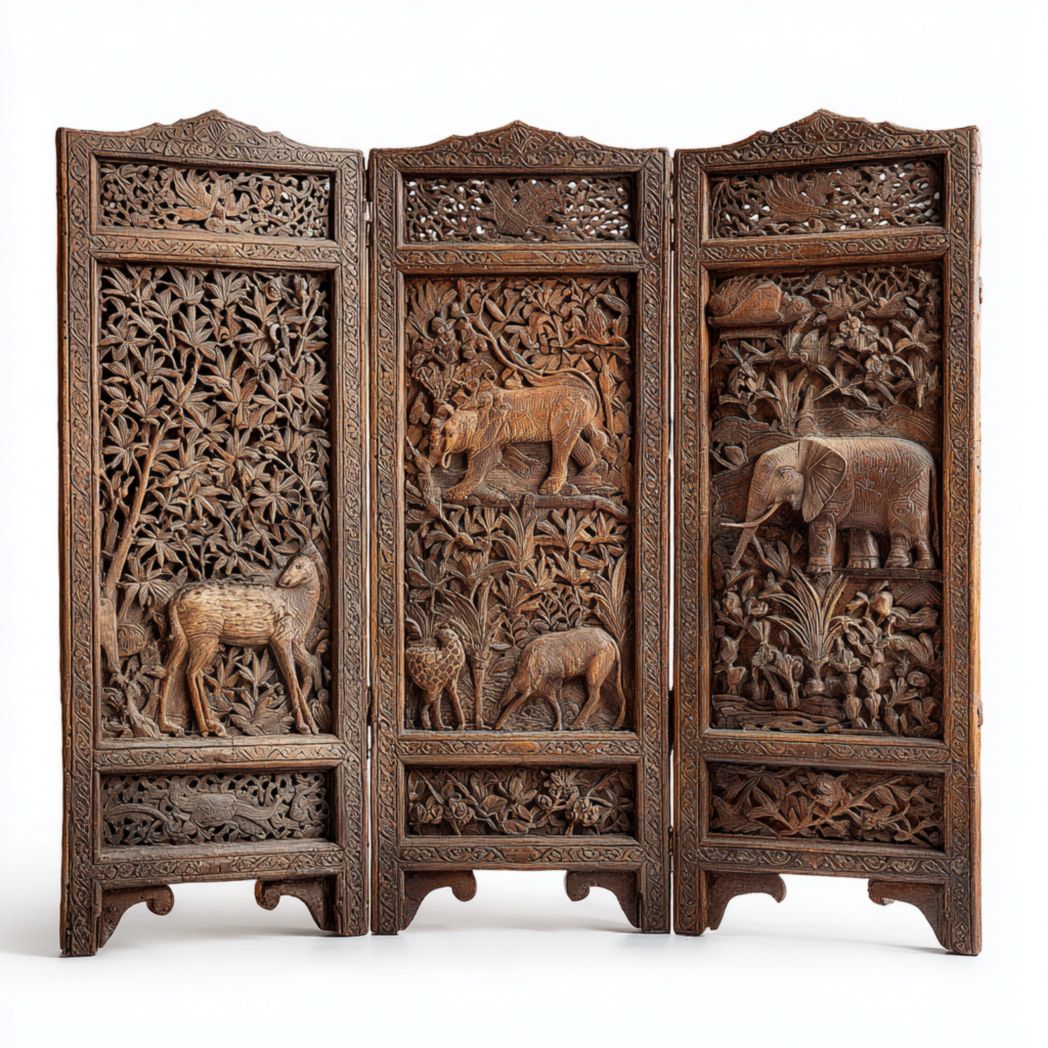 Paravent 3 panneaux bois brun foncé sculpté avec motifs animaliers