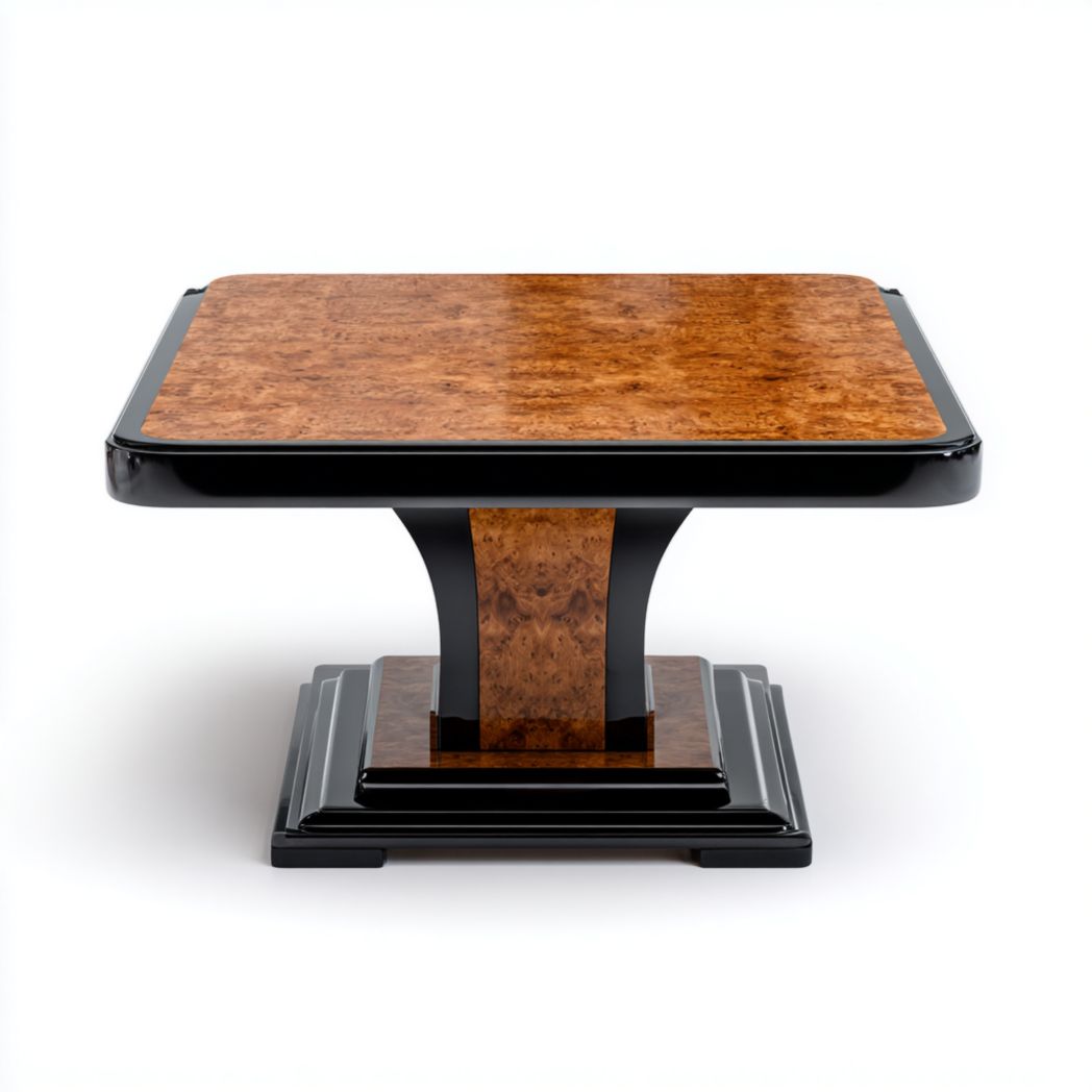 Table basse carrée en bois, cadre noir et base à colonne centrale avec socle à gradins