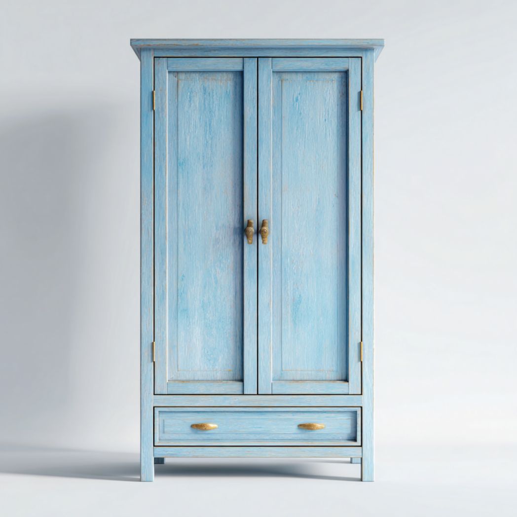 Armoire en bois bleu à deux portes et un tiroir avec poignées métalliques
