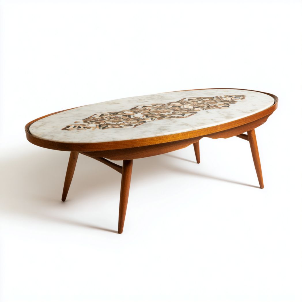 Table basse ovale en marbre, encadrement en bois et pieds inclinés