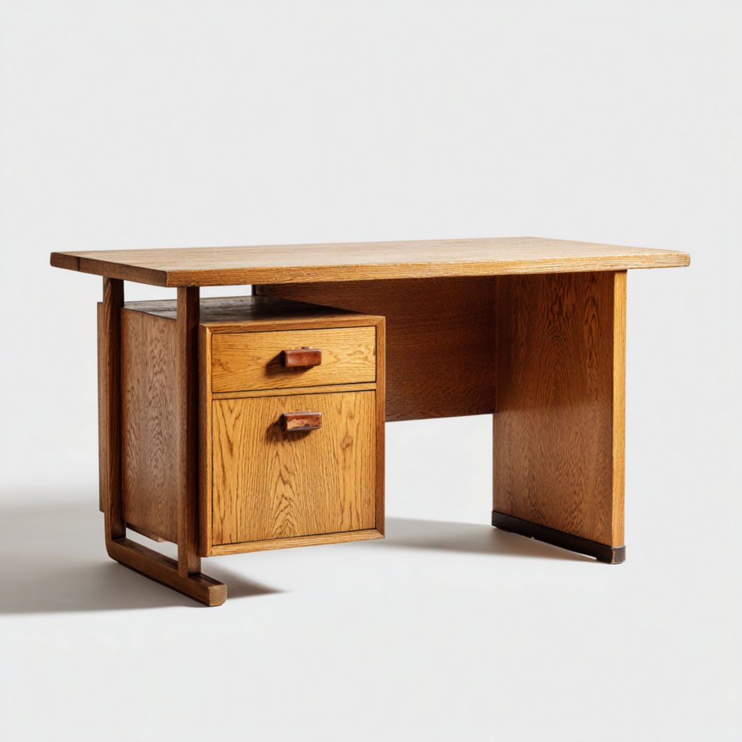 Bureau en bois massif couleur chêne, design avec caisson latéral à deux tiroirs