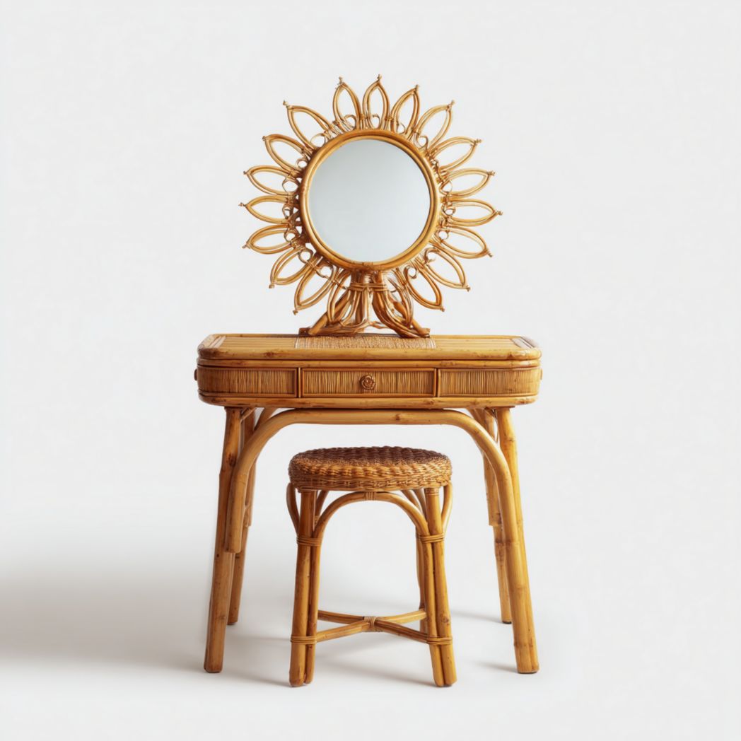 Coiffeuse en rotin avec miroir rond et tabouret assorti, un tiroir