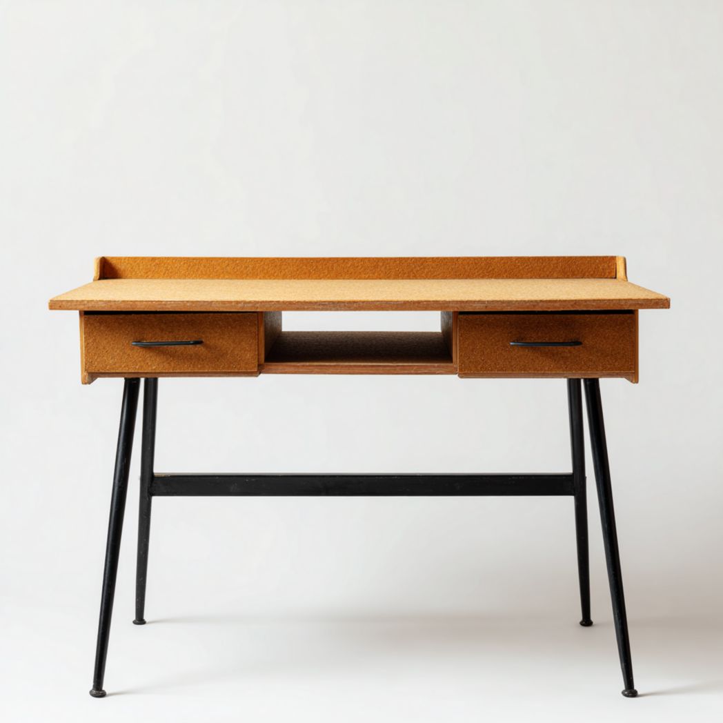 Bureau avec plateau en bois et pieds métalliques noirs, design avec deux tiroirs et compartiment ouvert