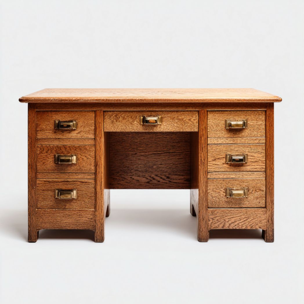 Bureau en bois massif brun, design avec six tiroirs latéraux et un tiroir central