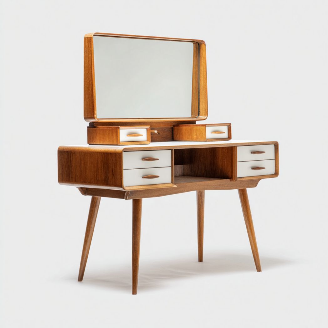 Coiffeuse en bois massif, six tiroirs avec miroir rectangulaire