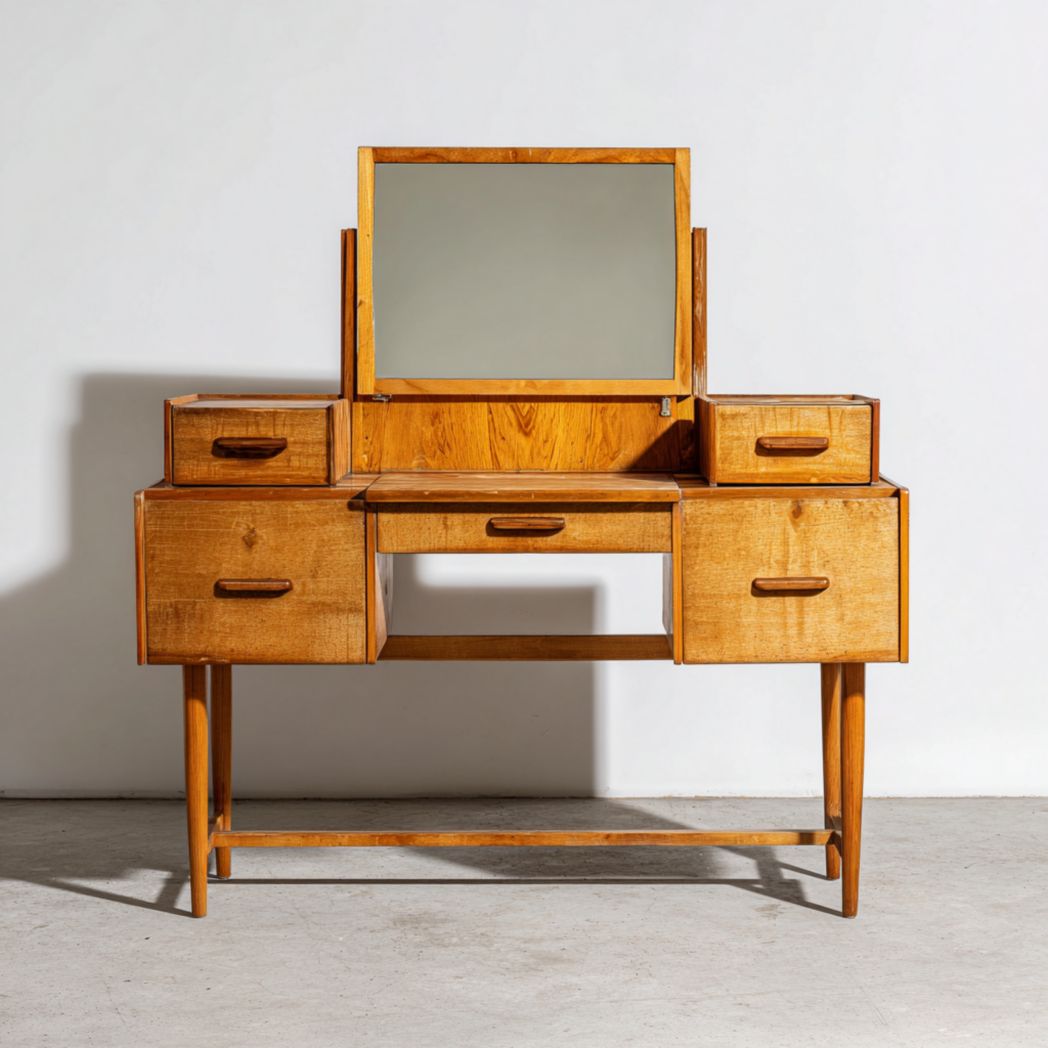 Coiffeuse en bois massif avec miroir vertical et cinq tiroirs