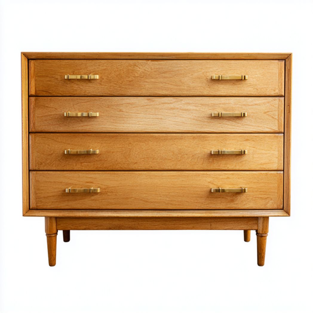 Commode en bois à quatre tiroirs avec poignées métalliques dorées