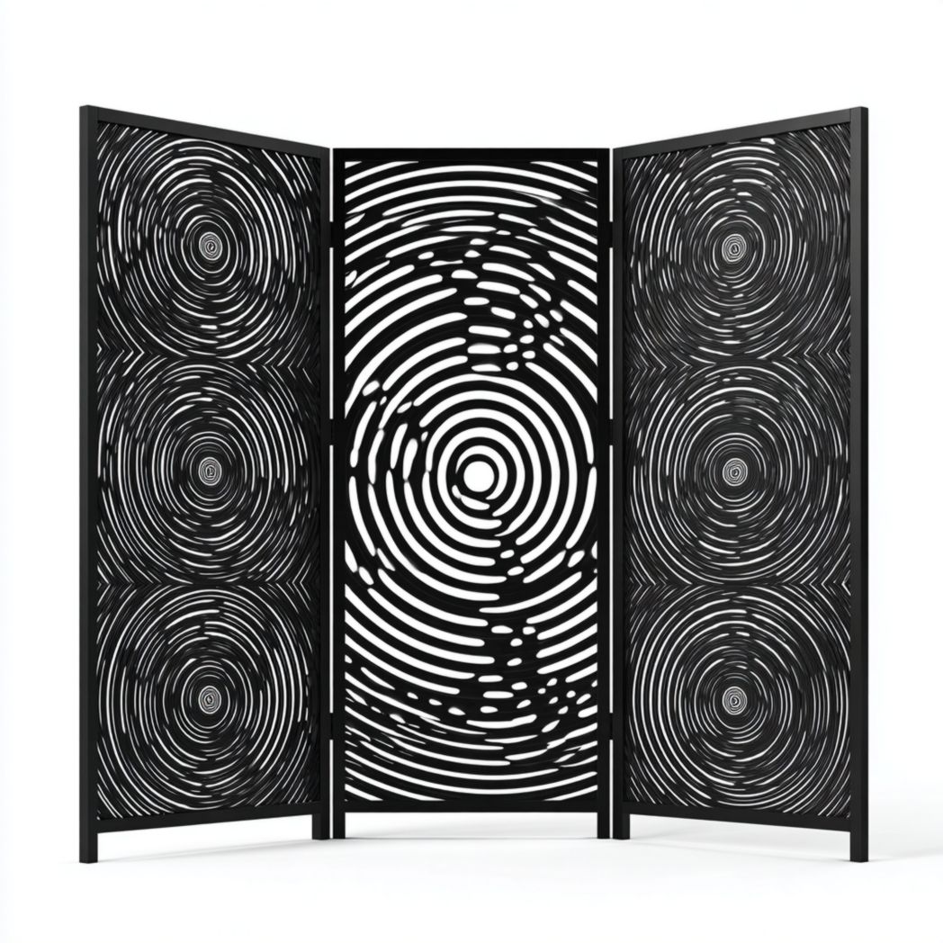 Paravent à 3 panneaux métal noir ajouré motifs cercles concentriques