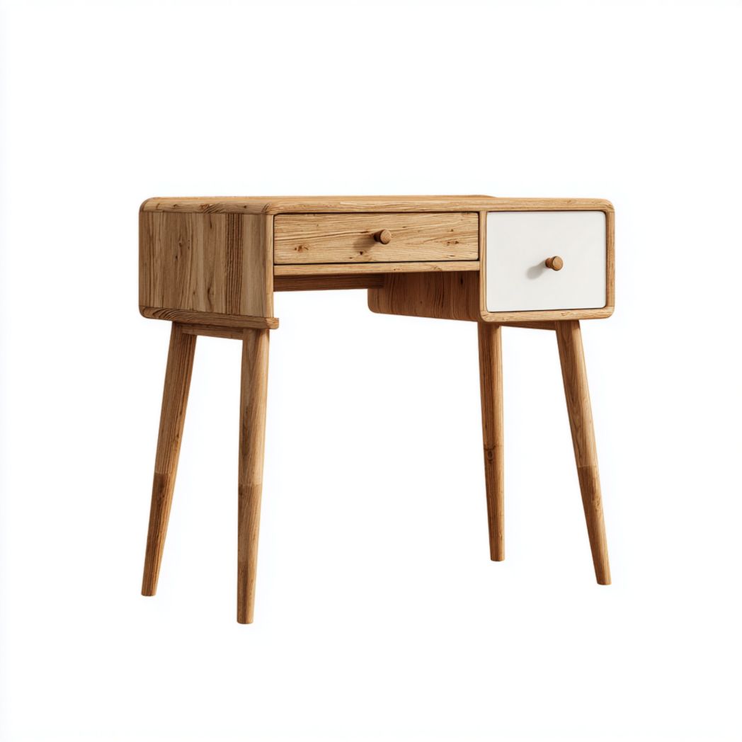 Coiffeuse en bois avec deux tiroirs, combinaison bois naturel et blanc, structure à quatre pieds