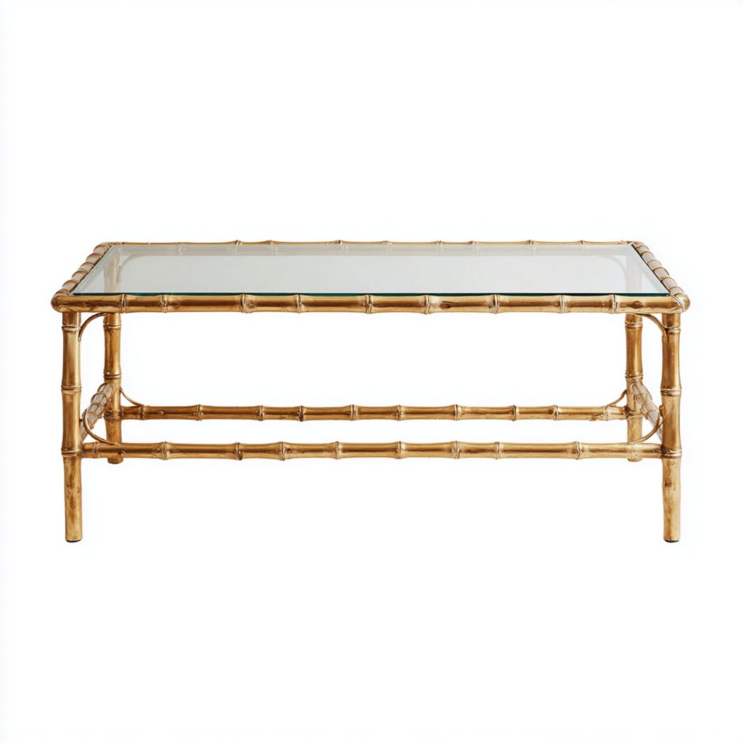 Table basse rectangulaire en bambou avec plateau en verre, teinte bois clair