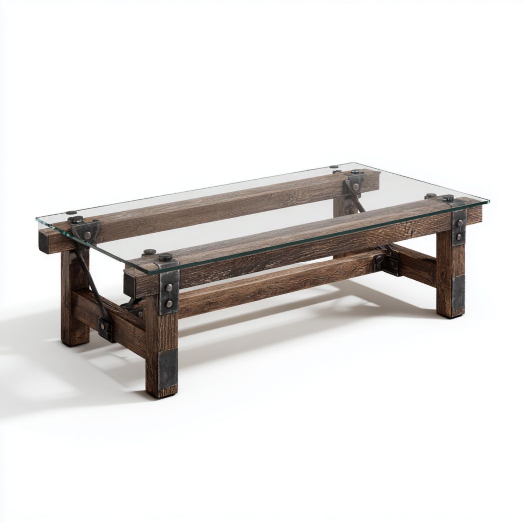 Table basse rectangulaire en verre, structure en bois avec pièces métalliques de renfort