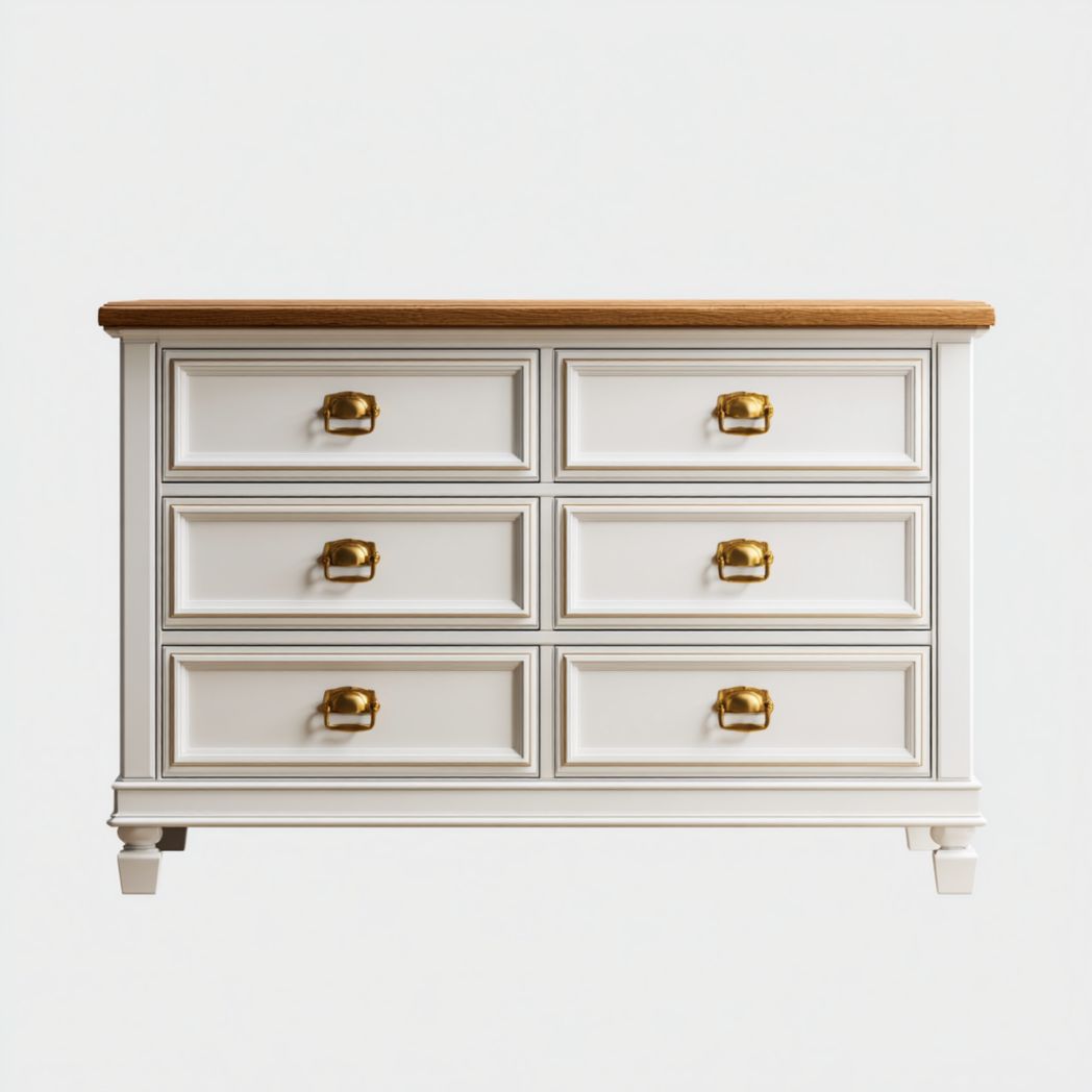 Commode en bois à six tiroirs avec corps blanc et poignées métalliques dorées