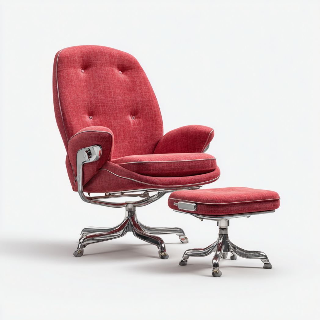 Fauteuil de bureau moderne avec repose-pieds, rembourrage en tissu rouge et base en métal