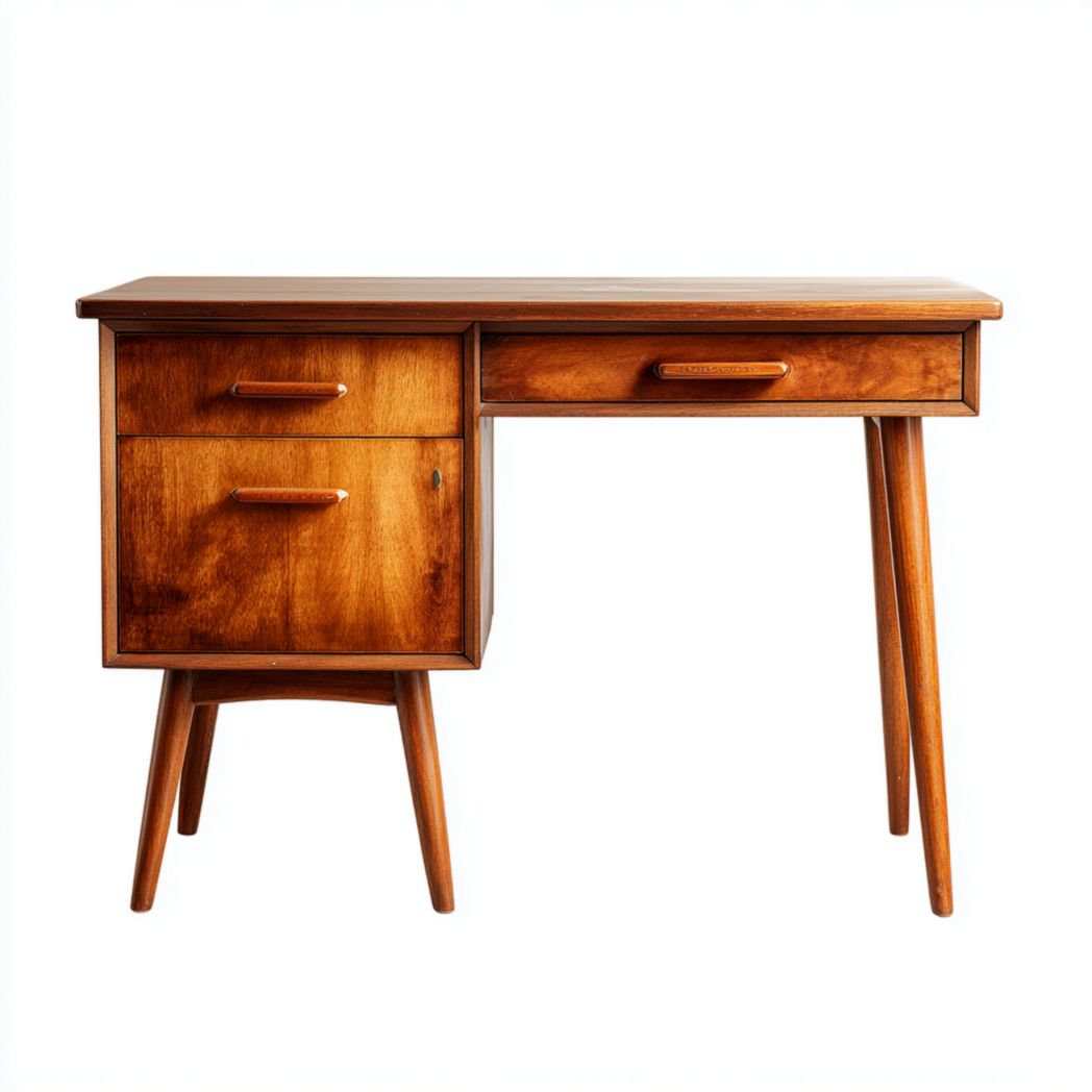 Bureau en bois massif couleur noyer, design avec une porte, deux tiroirs et un tiroir latéral