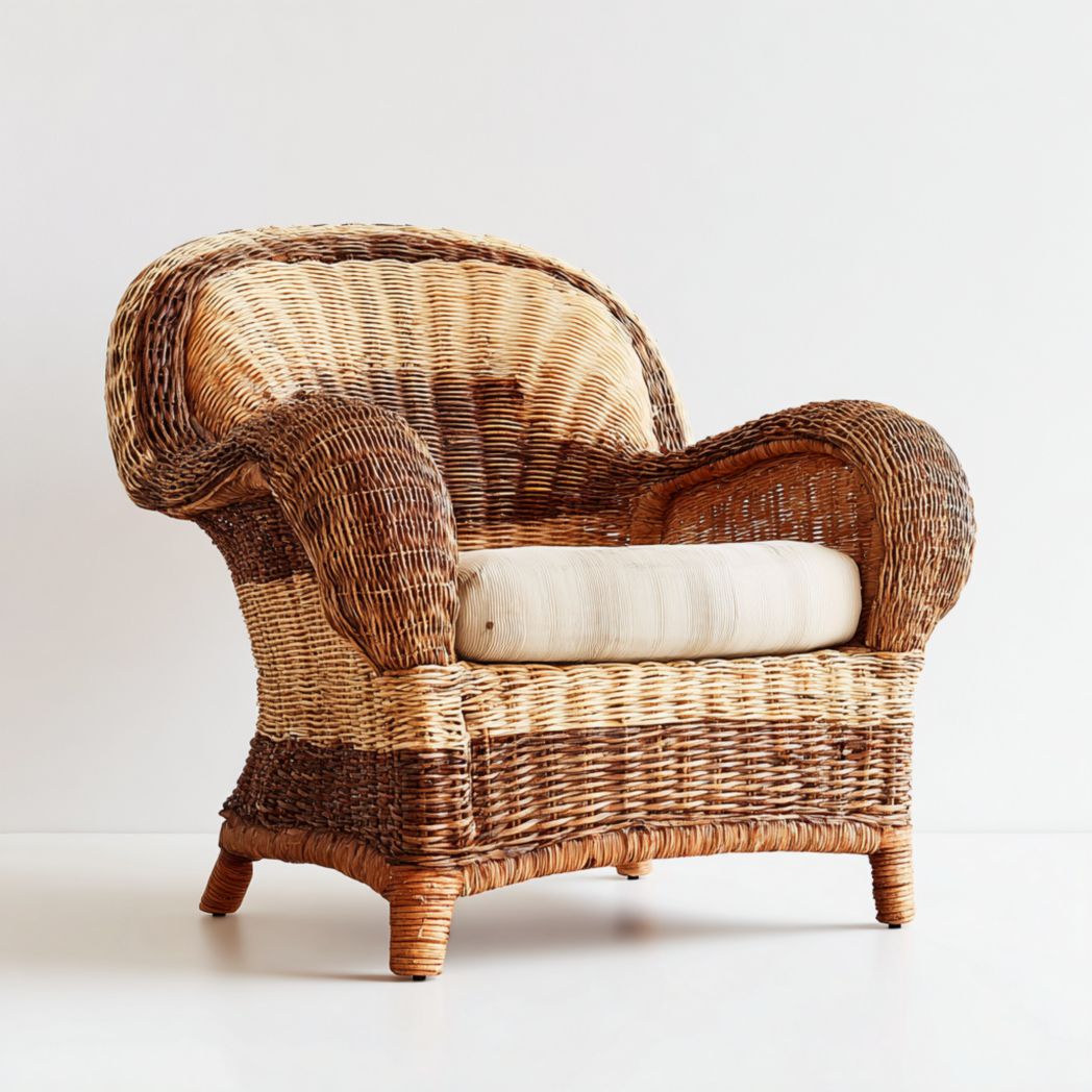 Fauteuil en rotin bicolore avec larges accoudoirs arrondis et coussin beige