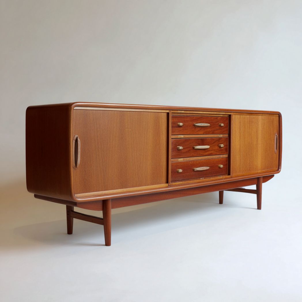 Enfilade en bois, finition brun, deux portes coulissantes et trois tiroirs