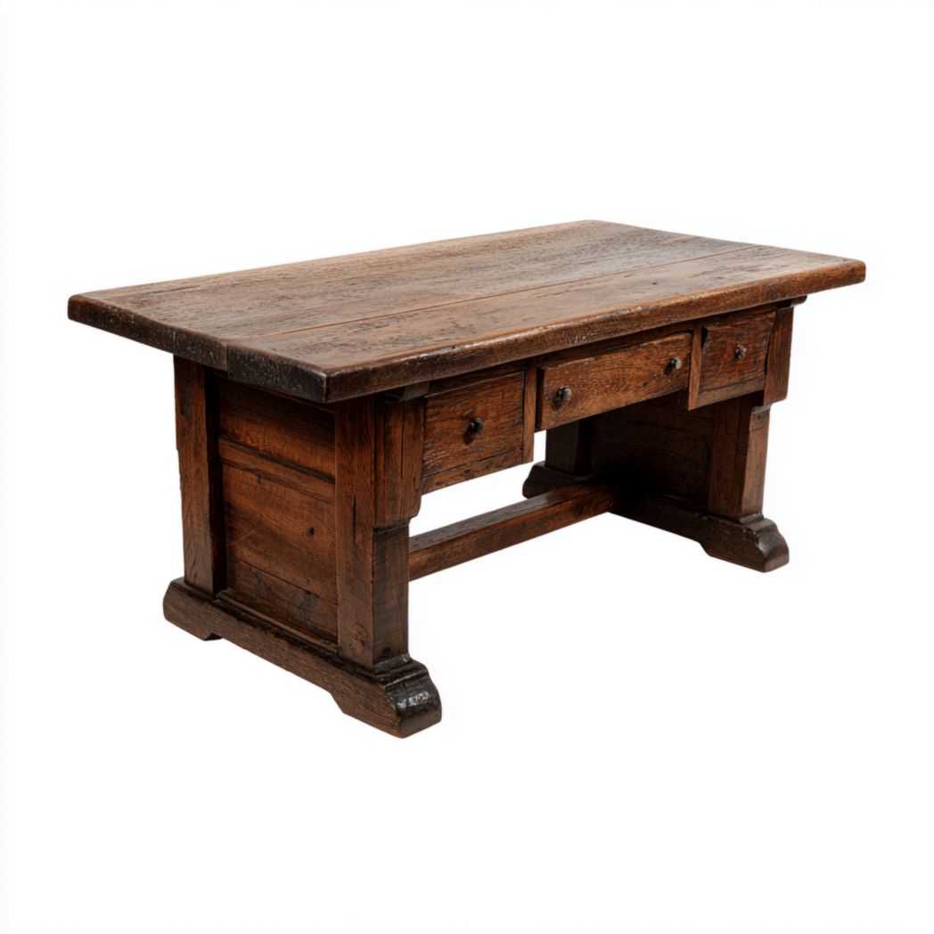 Bureau en bois massif brun foncé, design rectangulaire avec trois tiroirs