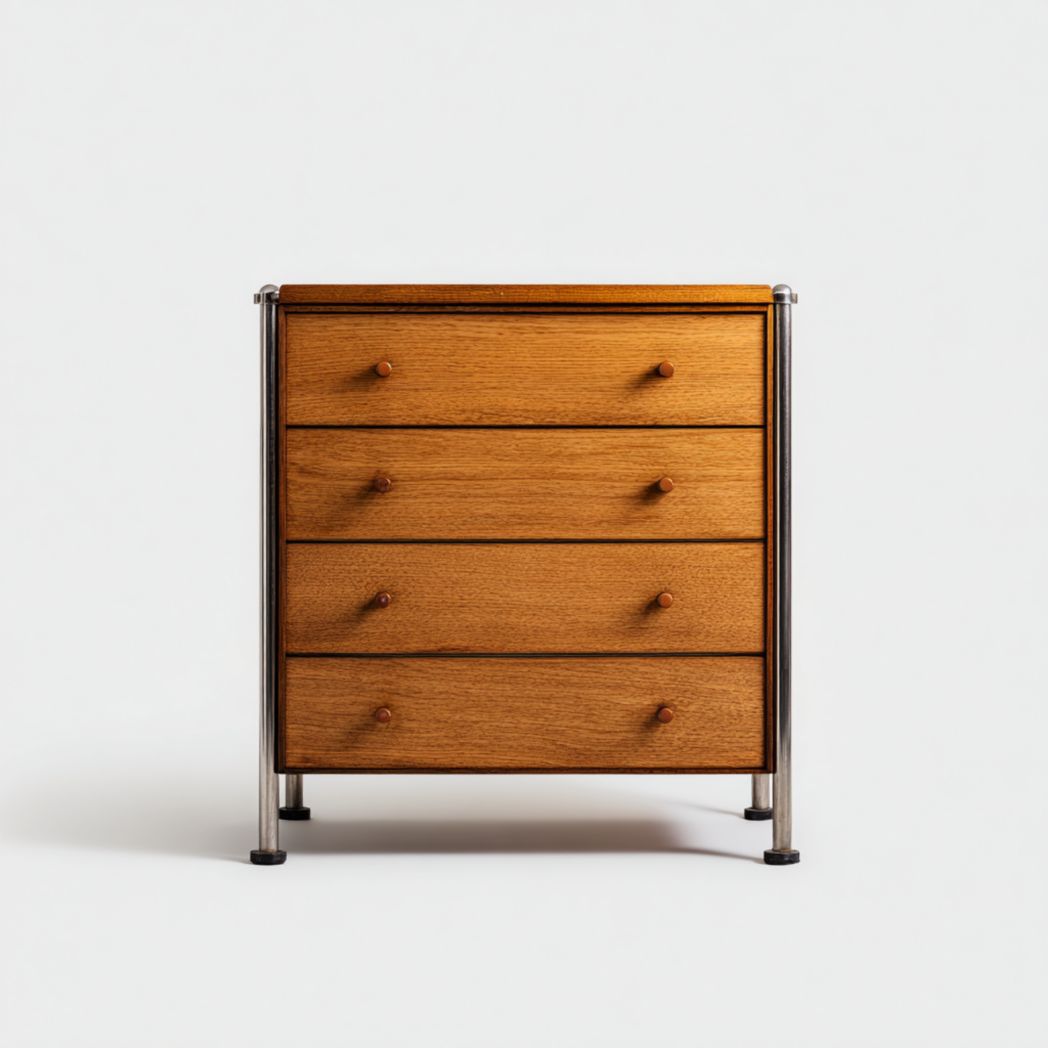 Commode en bois à quatre tiroirs avec structure métallique et pieds cylindriques