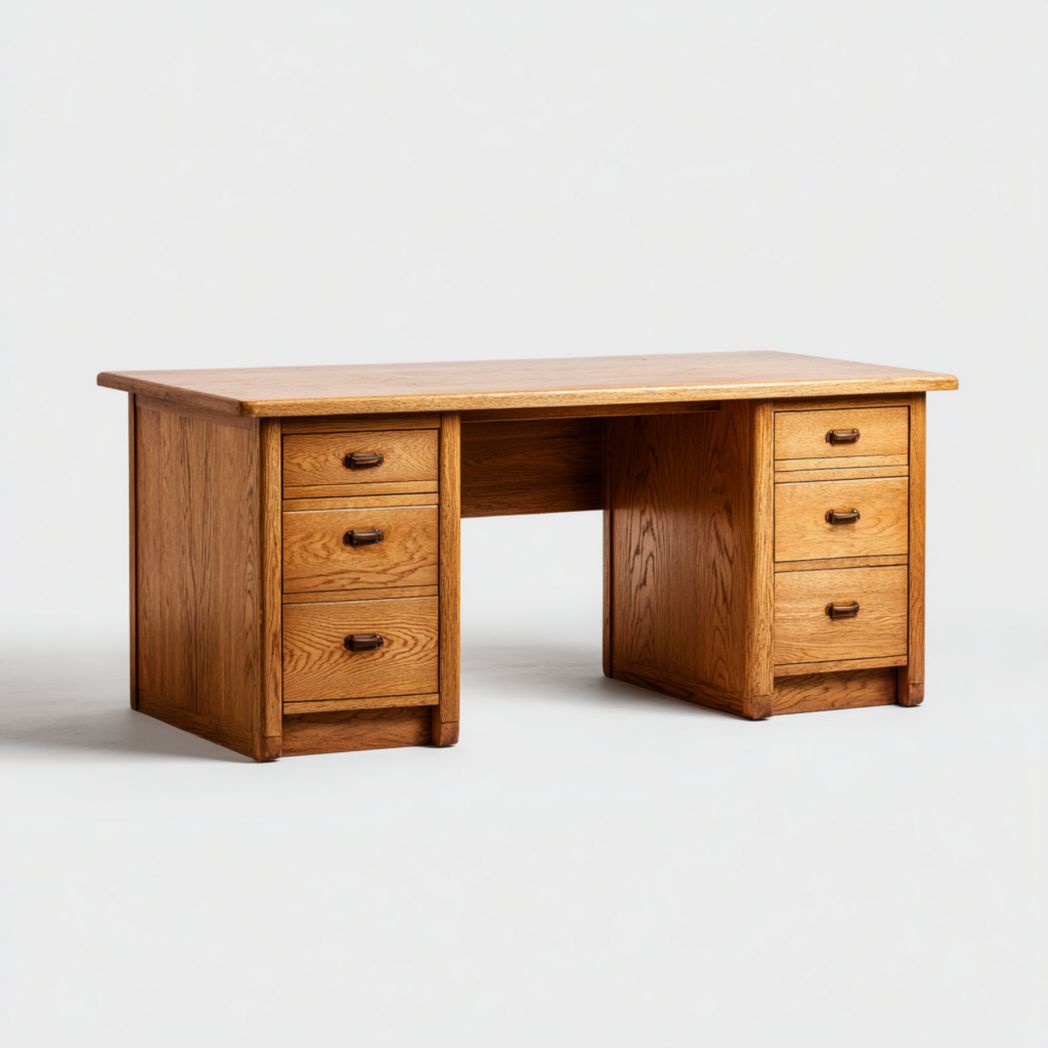 Bureau en bois massif brun clair, design symétrique avec six tiroirs latéraux