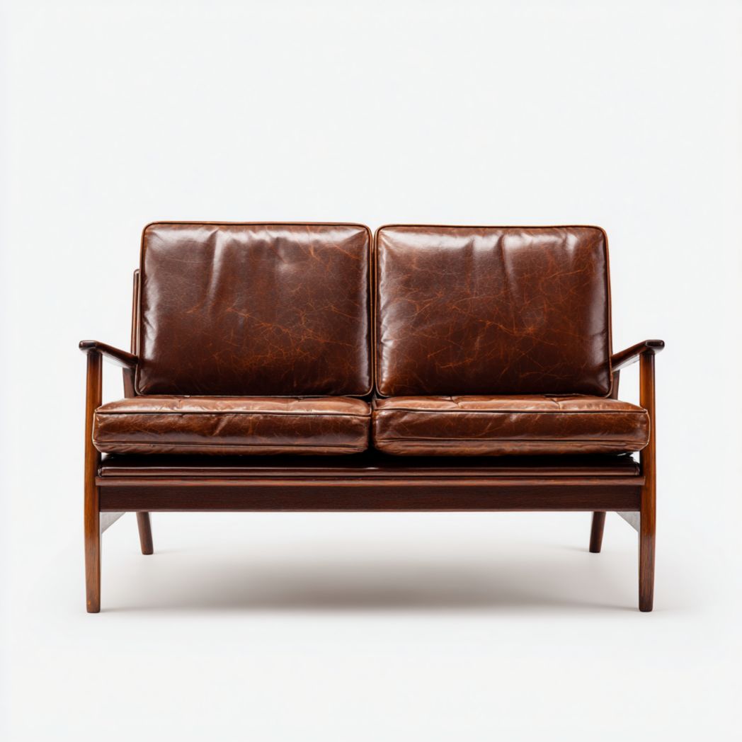 Canapé 2 places cuir brun foncé avec cadre en bois, coussins amovibles