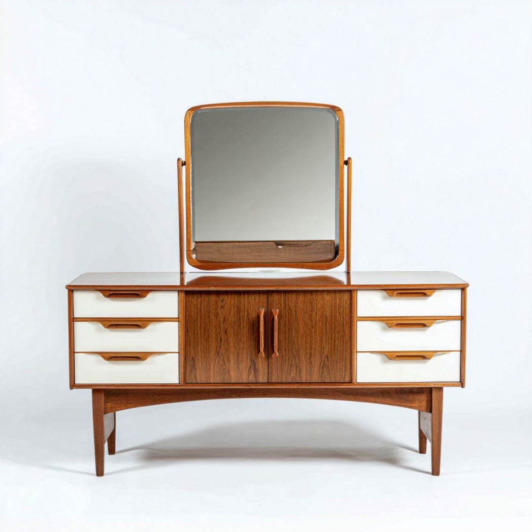 Coiffeuse en bois massif avec miroir rectangulaire, six tiroirs et deux portes