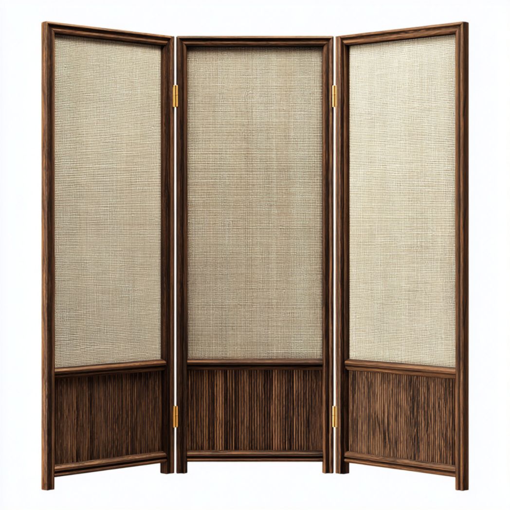 Paravent 3 panneaux bois et rotin tressé pliant