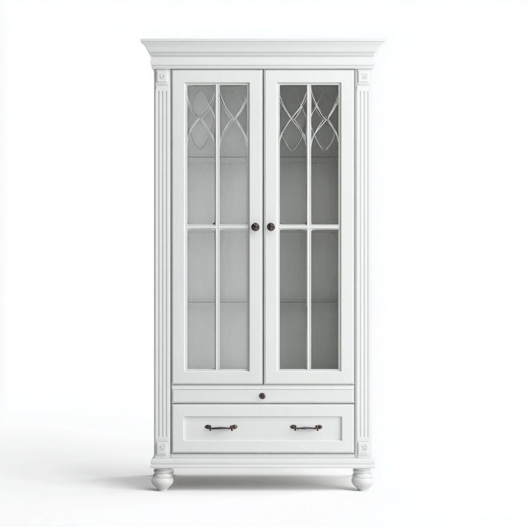 Armoire blanche en bois avec deux portes vitrées et tiroir