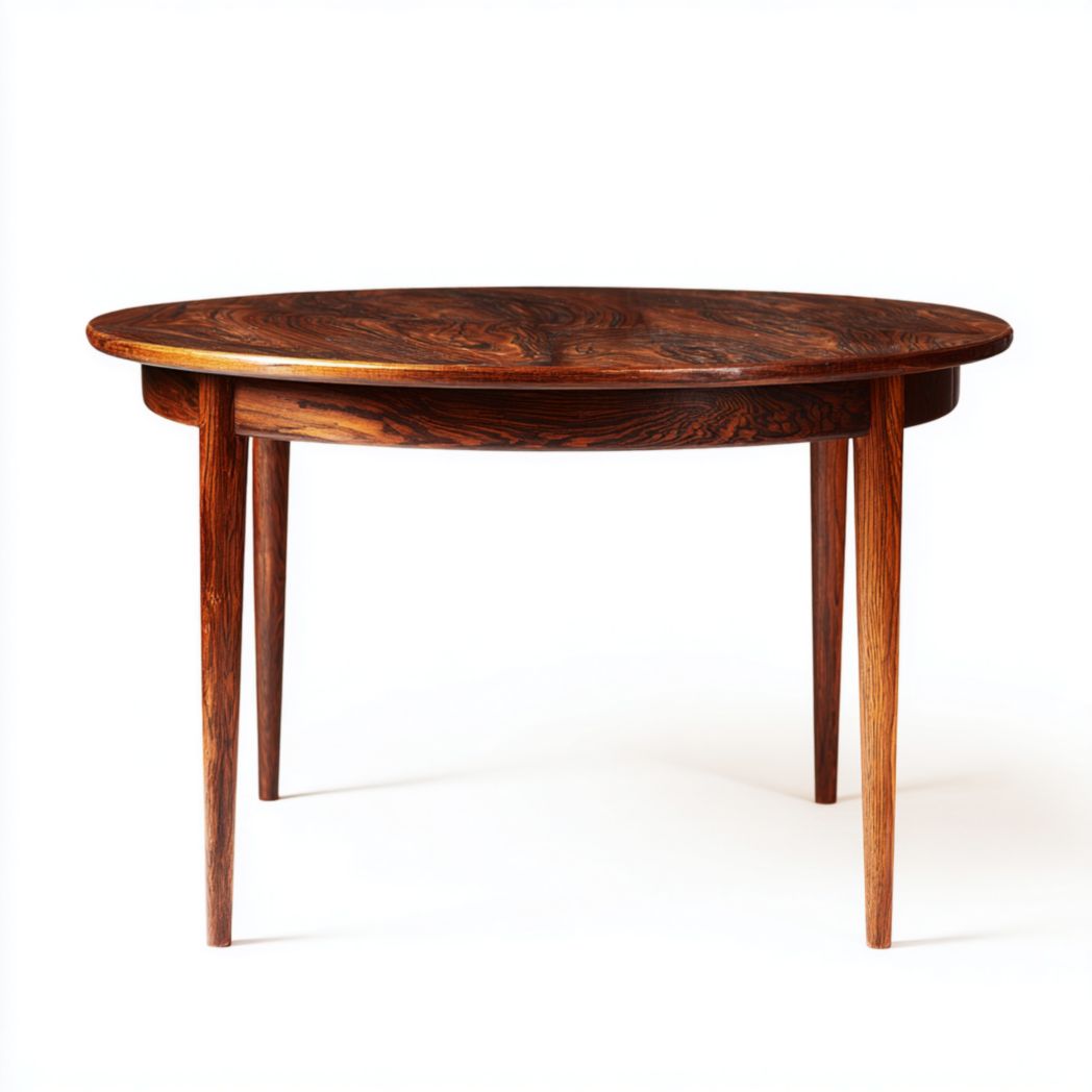 Table ronde en bois massif, finition brun rouge foncé, piètement à quatre pieds