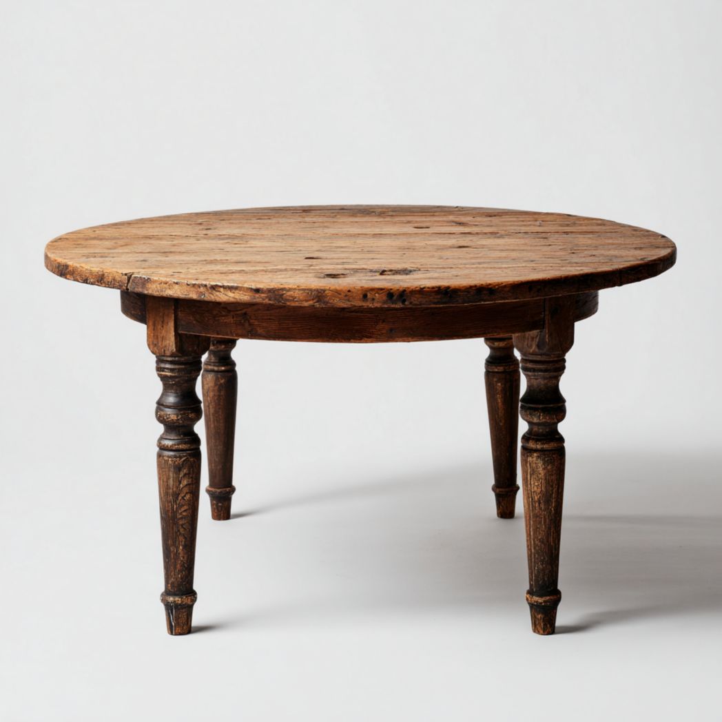 Table ronde en bois massif, finition brun foncé, pieds tournés sculptés