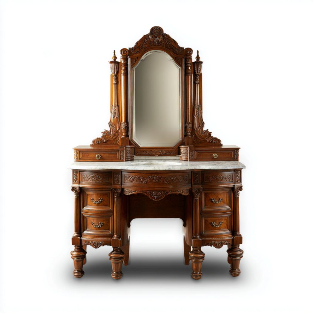 Coiffeuse en bois sculpté avec grand miroir vertical, plateau en marbre et six tiroirs