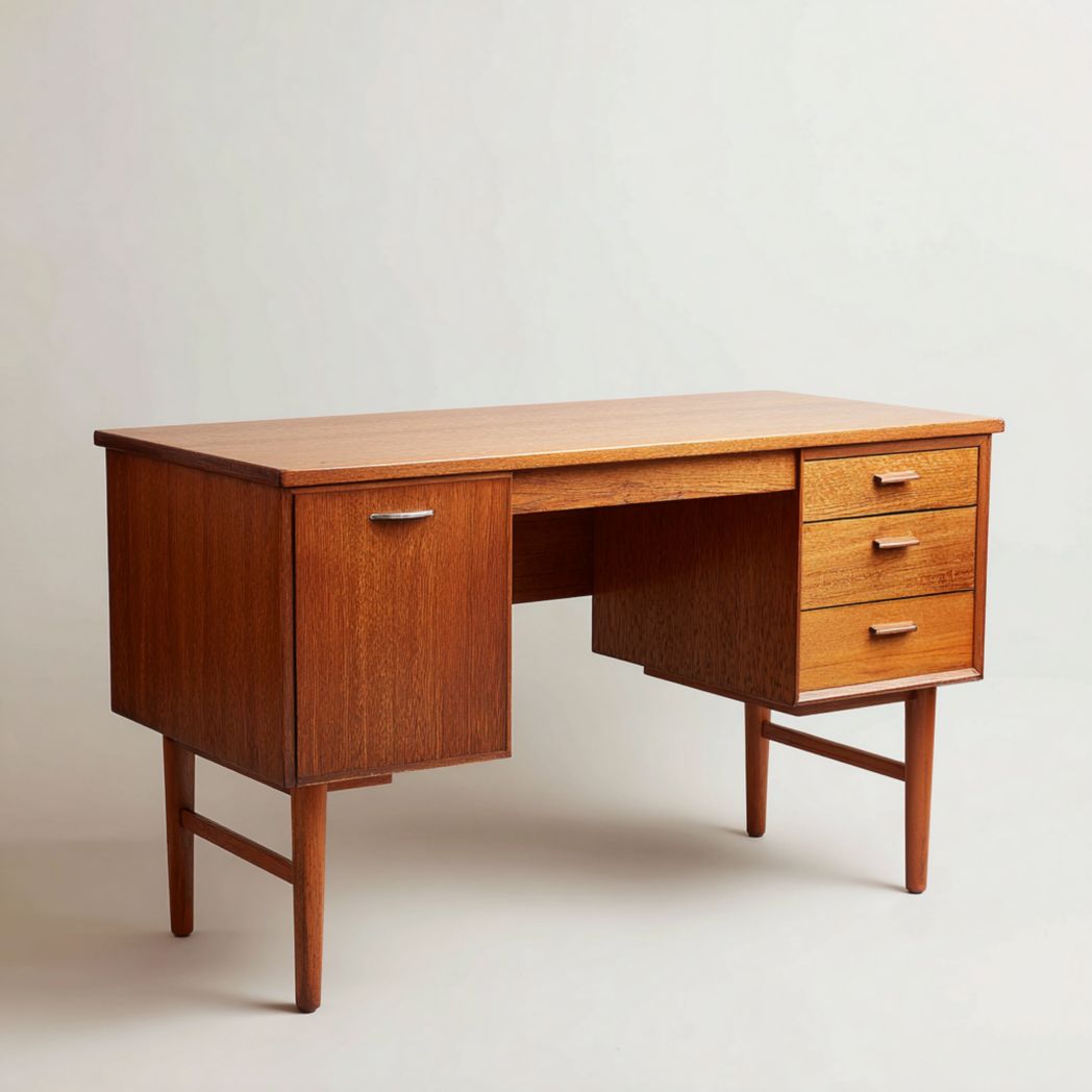 Bureau en bois massif couleur noyer, design avec trois tiroirs et une porte de rangement