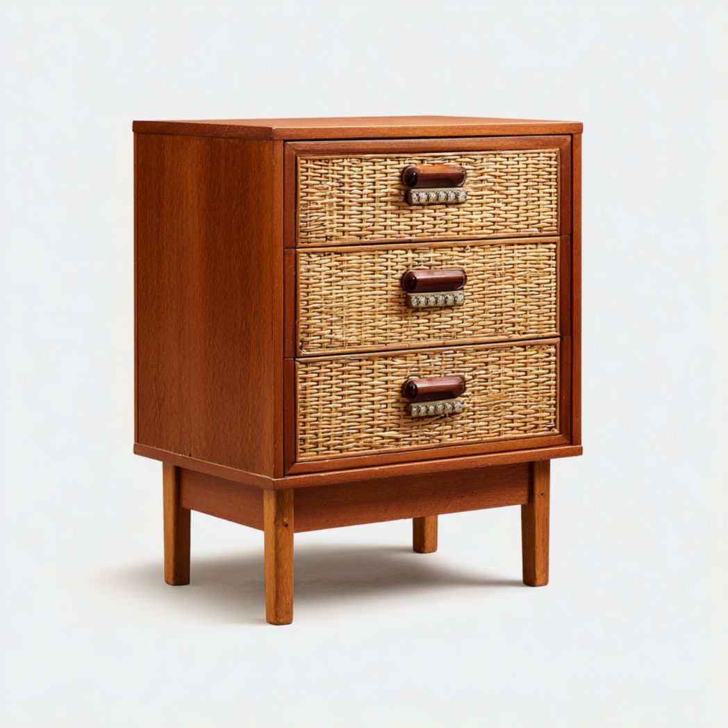 Commode en bois et rotin, trois tiroirs, finition brun et brun clair