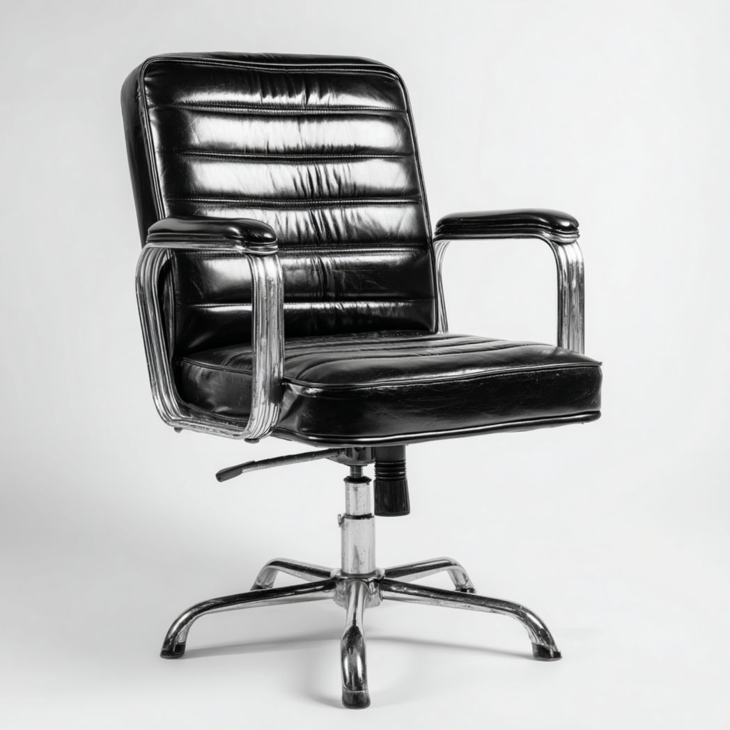 Fauteuil de bureau à dossier carré, assise en cuir noir et base pivotante en métal