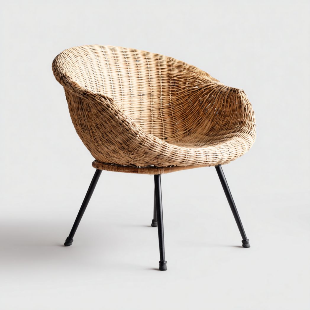 Fauteuil en rotin naturel arrondi avec pieds en métal noir