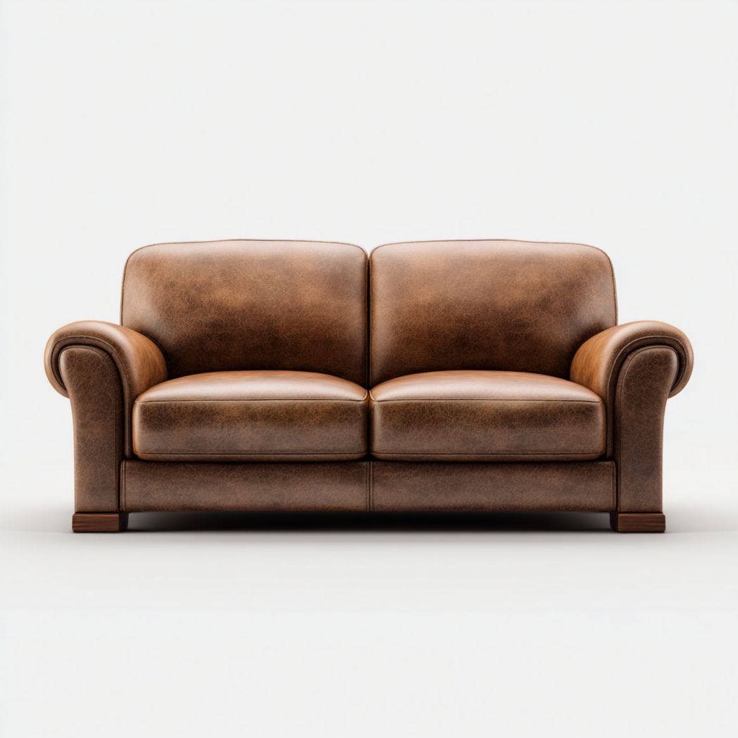 Canapé 2 places cuir brun avec accoudoirs roulés, coussins d’assise et de dossier