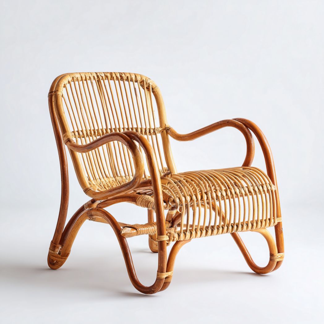 Fauteuil en rotin naturel avec dossier à lattes verticales et accoudoirs courbés