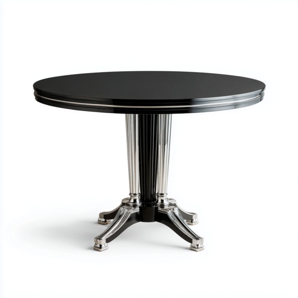 Table basse ronde noire, plateau lisse et base en métal poli