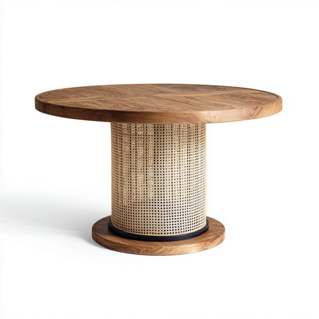 Table ronde avec plateau en bois et base cylindrique en rotin