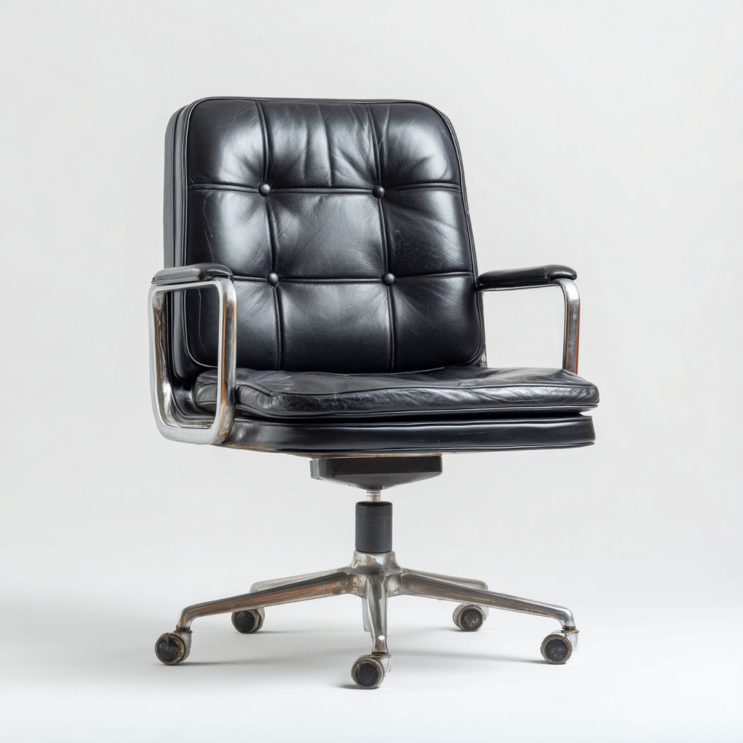 Fauteuil de bureau à dossier carré, assise en cuir noir et base pivotante en métal