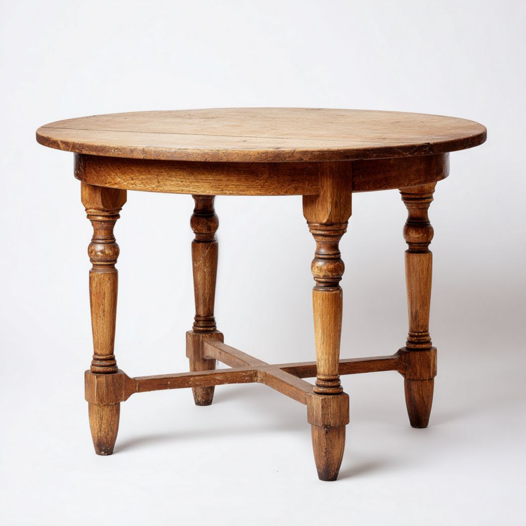 Table ronde en bois massif brun clair avec plateau circulaire et pieds tournés reliés