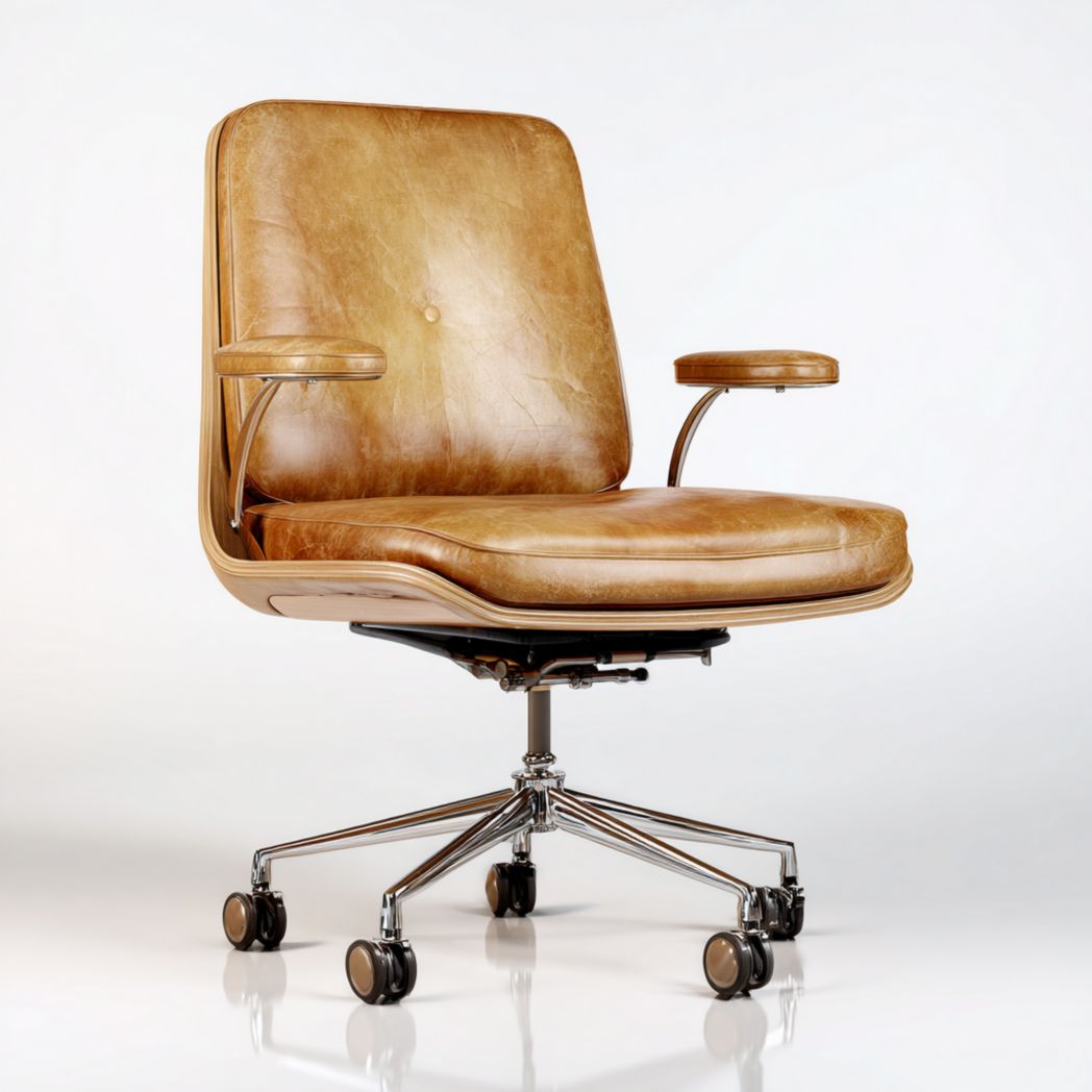 Fauteuil de bureau avec coque en bois, assise en cuir brun clair et base métallique à roulettes