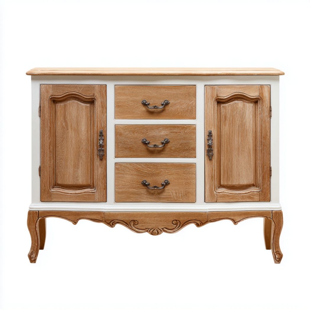 Enfilade en bois, deux portes et trois tiroirs, finition brun clair et piètement sculpté