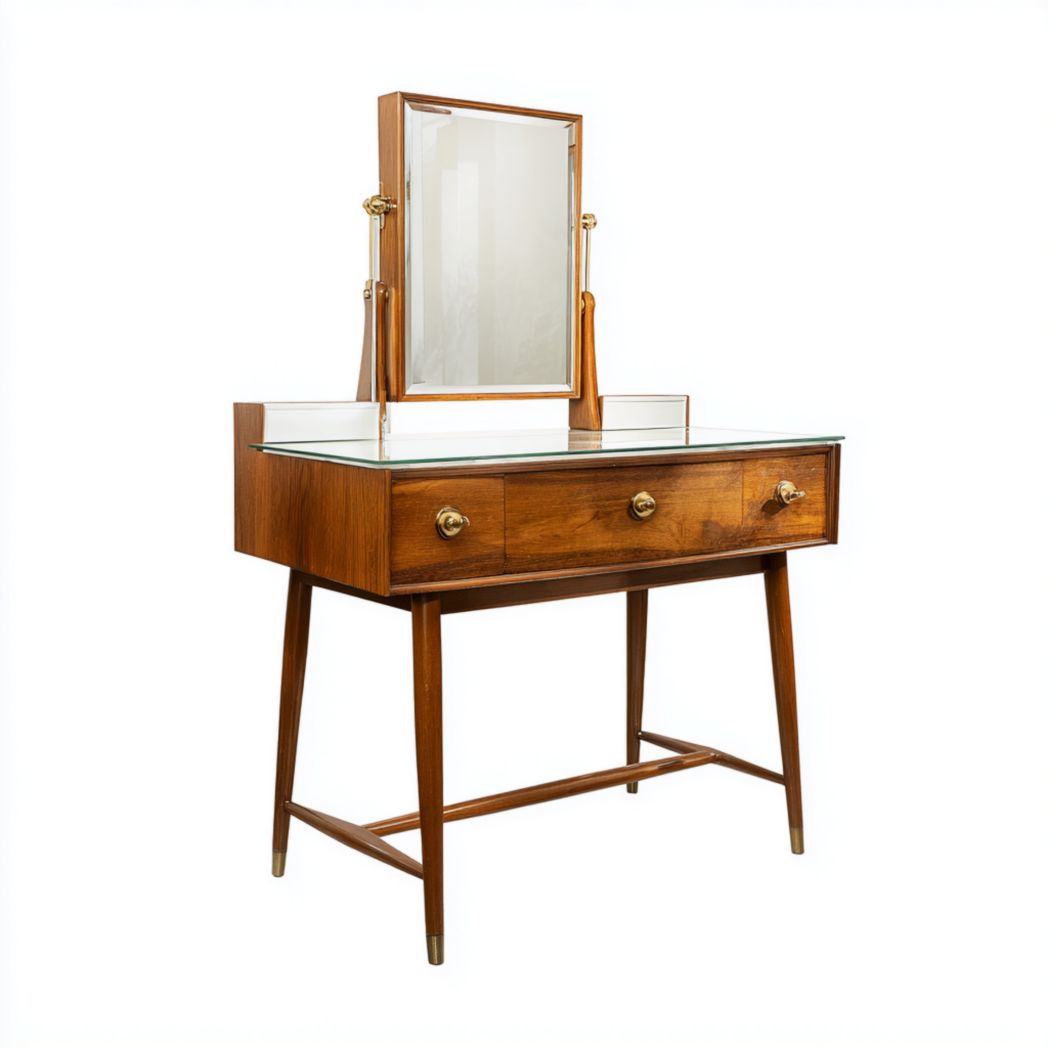 Coiffeuse en bois avec miroir rotatif rectangulaire, trois tiroirs et plateau en verre