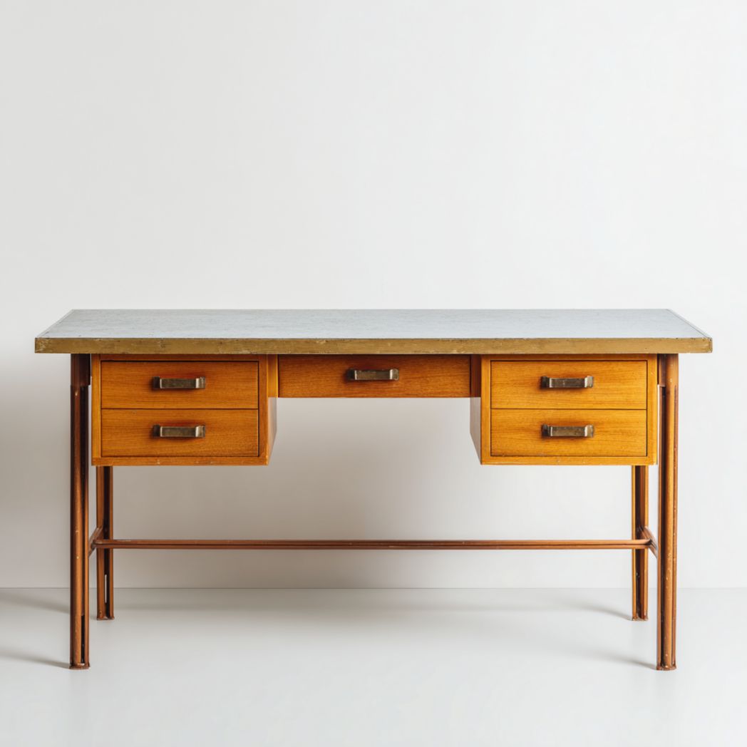 Bureau avec plateau métallique et structure en bois, design avec quatre tiroirs latéraux et un tiroir central