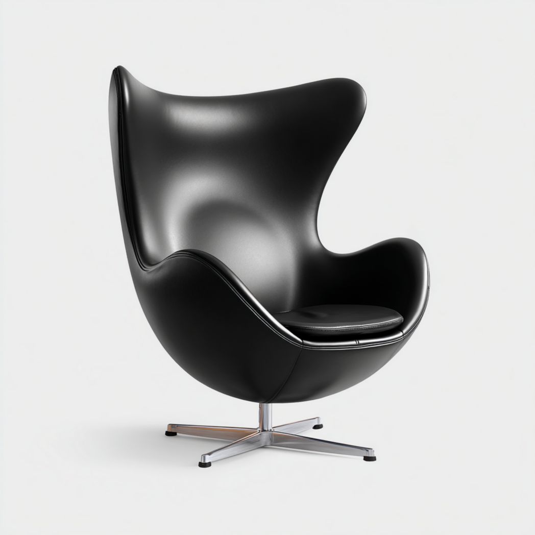 Fauteuil de bureau en forme d’œuf, revêtement en cuir noir et base métallique pivotante