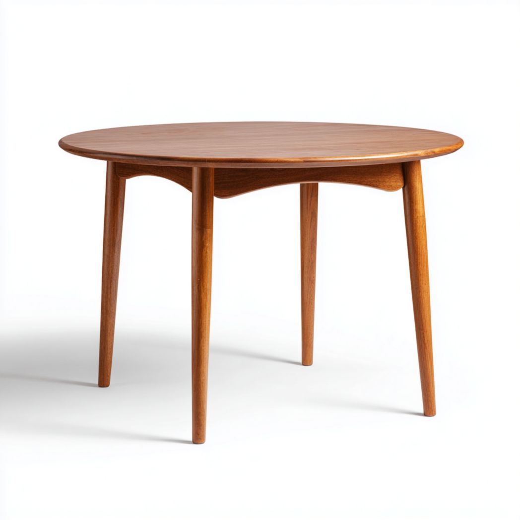 Table ronde en bois massif, finition brun rouge, piètement à quatre pieds