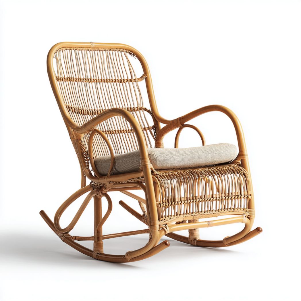 Fauteuil à bascule en rotin naturel avec accoudoirs courbés et coussin beige