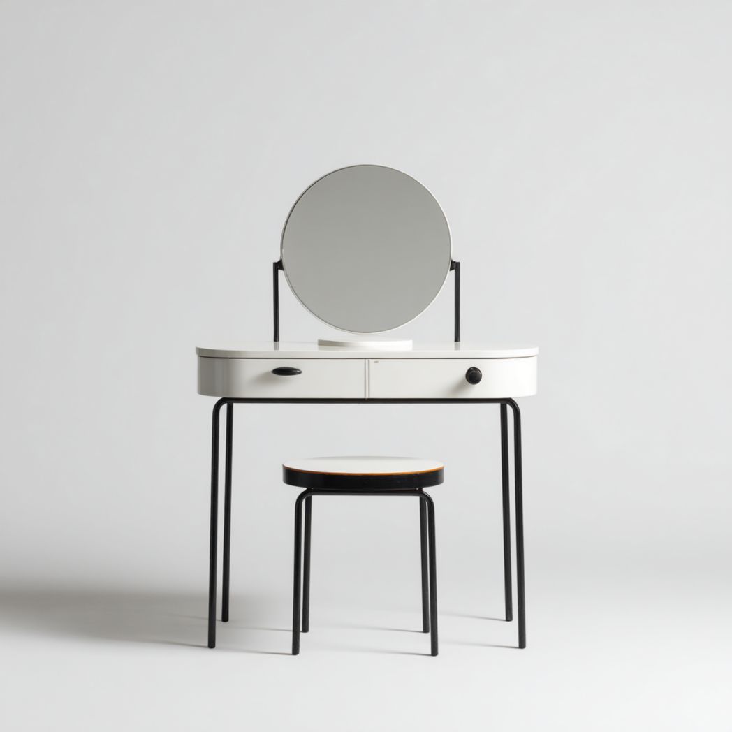 Coiffeuse blanche avec miroir rond, deux tiroirs et structure en métal noir