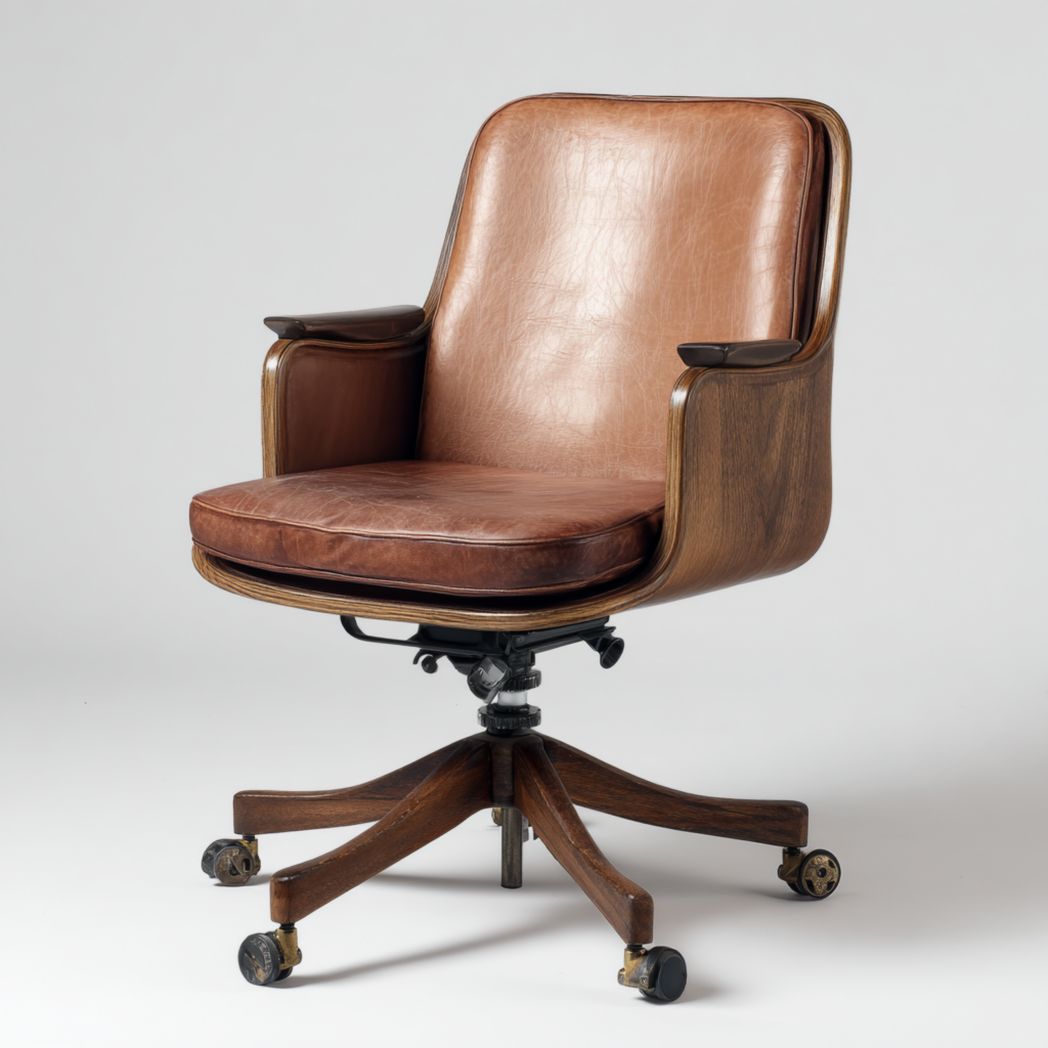 Fauteuil de bureau avec coque en bois, assise en cuir brun et base à roulettes à cinq branches